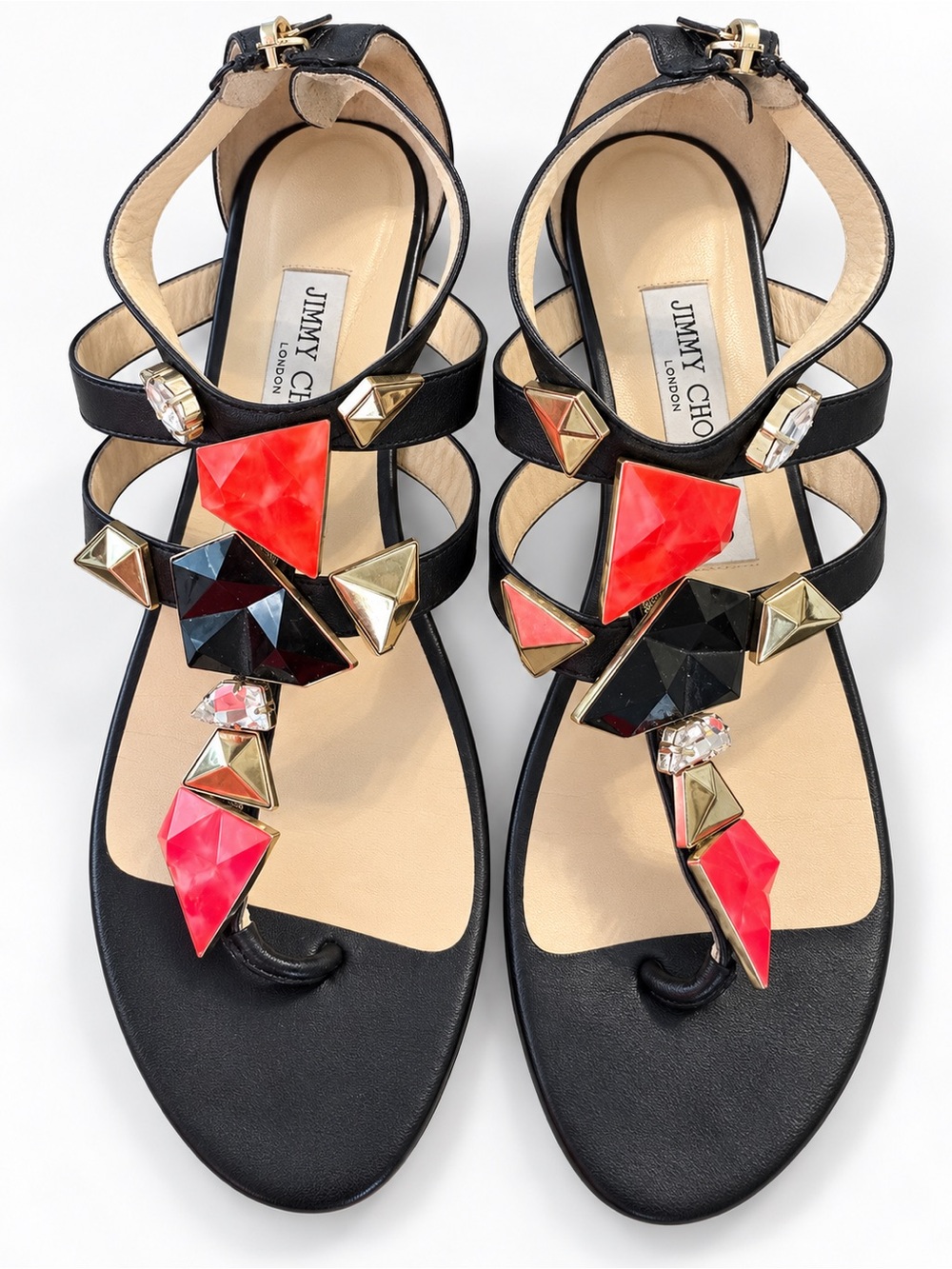 Jimmy Choo Black Leather T-Strap Sandals with Red & Gold Geometric Gems